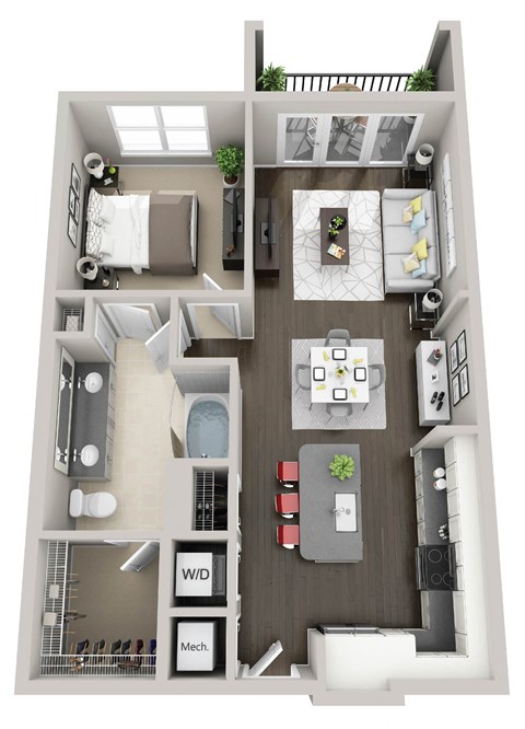 a drawing of the 1 bedroom floor plan with roommates
